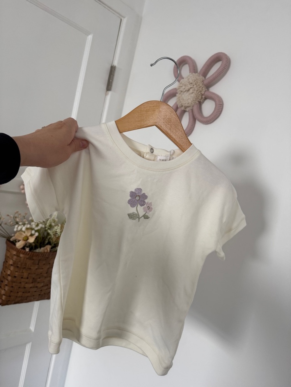Jamie Kay Cream Tee with Lilac Flower Embroidery